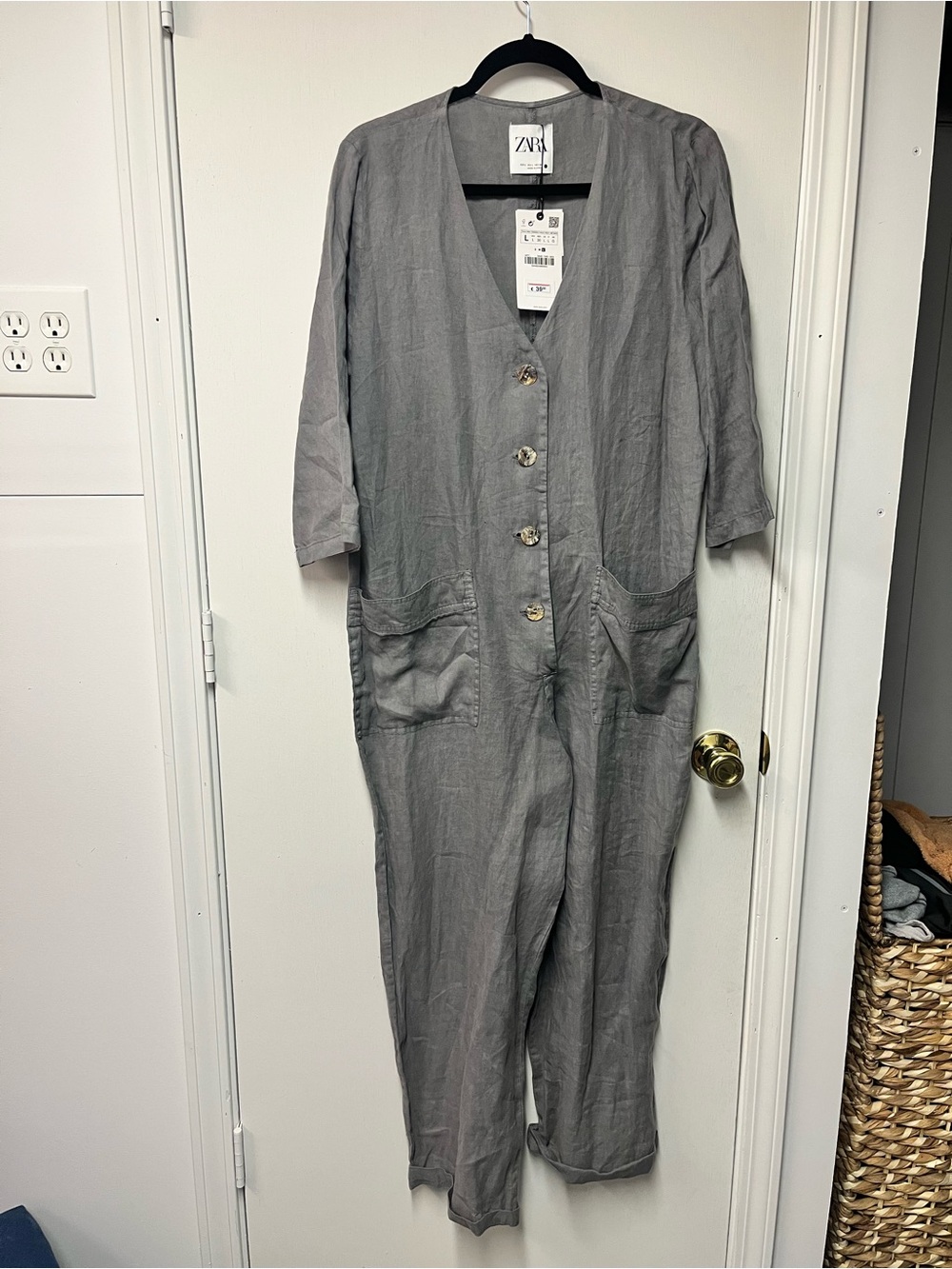 ZARA Light Gray Linen Jumpsuit with Patch Pockets